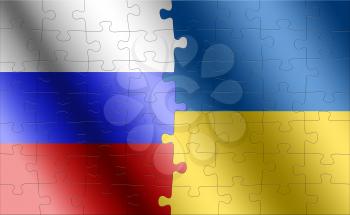 puzzle with the national flag of russia and ukraine on a world map background. 3D illustration