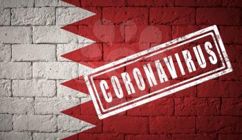 Flag of the Bahrain with original proportions. stamped of Coronavirus. brick wall texture. Corona virus concept. On the verge of a COVID-19 or 2019-nCoV Pandemic.