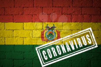 Flag of the Bolivia with original proportions. stamped of Coronavirus. brick wall texture. Corona virus concept. On the verge of a COVID-19 or 2019-nCoV Pandemic.