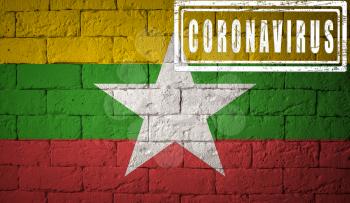 Flag of the Myanmar or Burma with original proportions. stamped of Coronavirus. brick wall texture. Corona virus concept. On the verge of a COVID-19 or 2019-nCoV Pandemic.