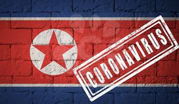 Flag of the North Korea with original proportions. stamped of Coronavirus. brick wall texture. Corona virus concept. On the verge of a COVID-19 or 2019-nCoV Pandemic.