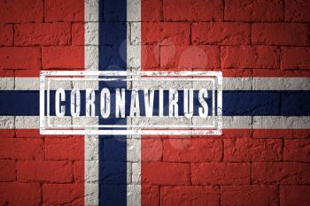 Flag of the Norway with original proportions. stamped of Coronavirus. brick wall texture. Corona virus concept. On the verge of a COVID-19 or 2019-nCoV Pandemic.