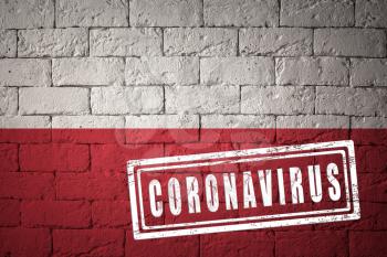 Flag of the Poland with original proportions. stamped of Coronavirus. brick wall texture. Corona virus concept. On the verge of a COVID-19 or 2019-nCoV Pandemic.