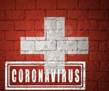 Flag of the Switzerland with original proportions. stamped of Coronavirus. brick wall texture. Corona virus concept. On the verge of a COVID-19 or 2019-nCoV Pandemic.