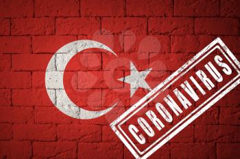 Flag of the Turkey with original proportions. stamped of Coronavirus. brick wall texture. Corona virus concept. On the verge of a COVID-19 or 2019-nCoV Pandemic.