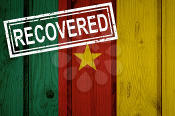 flag of Cameroon that survived or recovered from the infections of corona virus epidemic or coronavirus. Grunge flag with stamp Recovered