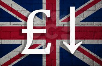 symbolic depreciation of the national currency Pound Sterling against of the country flag of England. Concept of depreciation of currency, economy fall and the breakdown of economic ties
