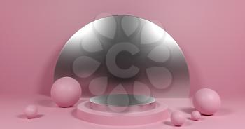 3d podium in geometric figures cylinder, ball in trendy pastel colors. Platform set for product showcase. 3d grandstand decoration. Abstract background with geometric figure. Pink, silver metal colors