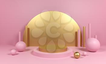 3d podium in geometric figures cylinder, ball in trendy pastel colors. Platform set for product showcase. 3d grandstand decoration. Abstract background with geometric figure. Pink golden metal colors