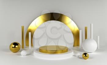 3d podium in geometric figures cylinder, ball in trendy pastel colors. Platform set for product showcase. 3d grandstand decoration. Abstract background with geometric figure. White, golden colors.