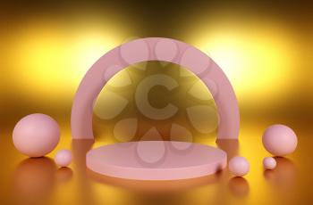 3d podium in geometric figures cylinder, ball in trendy pastel colors. Platform set for product showcase. 3d grandstand decoration. Abstract background with geometric figure. Pink metal golden colors