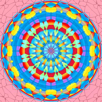 Colorful religious magic mandala circle on a pink background.