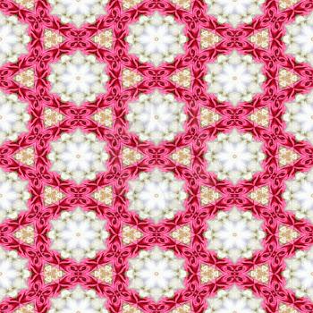 Pink white decorative kaleidoscope mosaic with star shapes and pink ribbons.