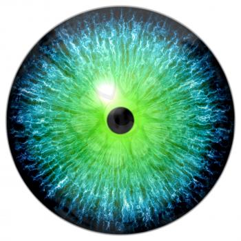 Illustration of a blue, green eye with light reflection on a white background.