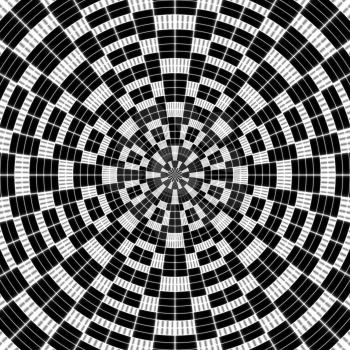 Abstract geometric background with circles and squares in black and white colors.