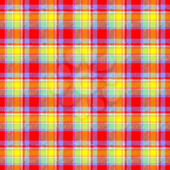 Scottish tartan fabric texture in red and yellow colors.