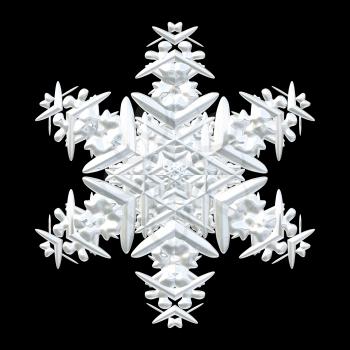White silver snowflake isolated on a black background.