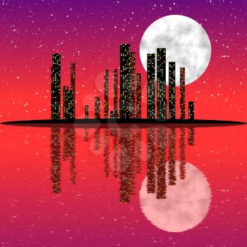 City skyline at night with moon and with reflection in the water.