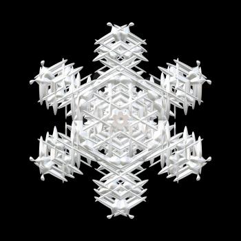 White silver snowflake isolated on a black background.