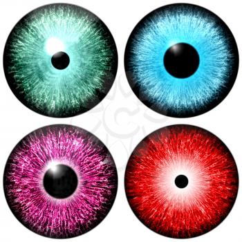 Four illustrated eyes in one set. Red eye. Blue eye. Purple eye. Green eye.