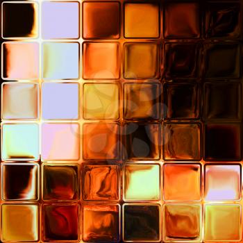 Orange tiles from the shiny glass blocks. Tiles mosaic with fire texture. Burning fire behind the glass tiles.  