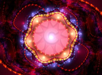 Full color psychedelic julian fractal with circles and wave lines in red, blue, black, pink and purple colors.