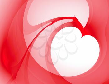 Computer generated red fractal with white heart placed on the right side of image. Around the heart is abstract swirling red background.