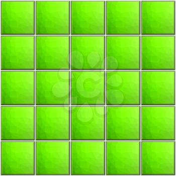 Square green tiles with polygonal decor with white joints.