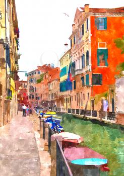 Abstract watercolor digital generated painting of the water canal, houses and anchoring boats in Venice, Italy. 