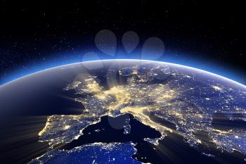 Europe. 3D Rendering. Stars my own photo. Elements of this image furnished by NASA