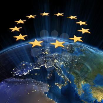European Union at night. Earth map from NASA 3d rendering