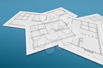 Blueprint on blue. High quality 3d rendering