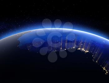 World from space. 3D Rendering. Stars my own photo. Elements of this image furnished by NASA