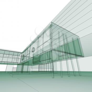 Green blueprint on white. Building design and 3d rendering model my own