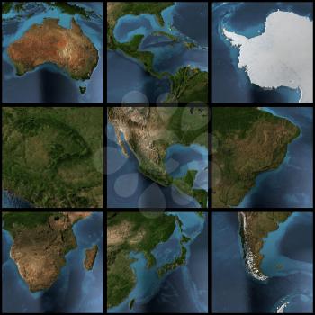 Around the World. 3d rendering landscape, shadows, transparent water. Earth map courtesy NASA
