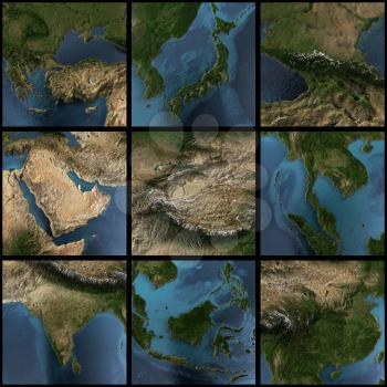 Asia map set. 3d rendering landscape, shadows, transparent water. Earth map courtesy NASA
