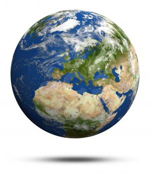 Planet Earth 3d rendering globe model, maps courtesy of NASA