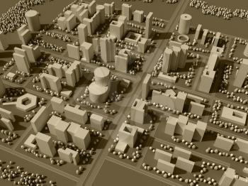 3d rendering map of city in sepia tones