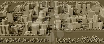 City map in sepia tones with forest belt 3d rendering