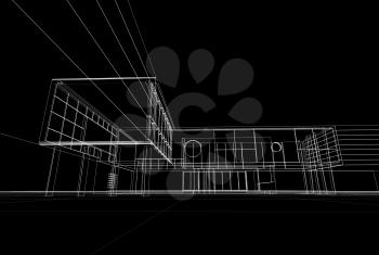 Building blueprint on black background. Building design and 3d rendering model my own