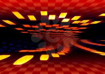Abstract red and yellow sci-fi background with square grid and perspective. Illustration of speed and motion.