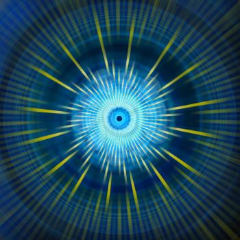 Abstract blue sci-fi glowing circular ornamental pattern, background or ornament with yellow rays.