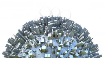 Abstract hemisphere of 3d sci-fi planet covered by simple box like skyscraper city buildings. Business or environmental concept illustration.