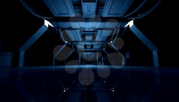 3D rendering of abstract dark blue sci fi futuristic space station or ship interior corridor design.