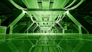 3D rendering of abstract dark glowing green sci fi futuristic corridor hallway spaceship or space station interior design. Psychedelic night vision or alien view.
