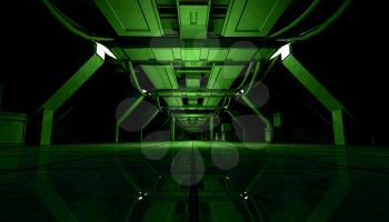 3D rendering of abstract dark green sci fi futuristic space station or ship interior corridor design.