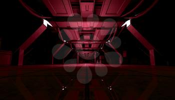 3D rendering of abstract dark red sci fi futuristic space station or ship interior corridor design.
