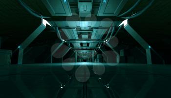 3D rendering of abstract dark cyan sci fi futuristic space station or ship interior corridor design.