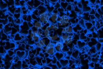 Valentine's Day abstract 3D background pattern with dark radiant, glowing and shining blue hearts.