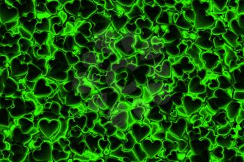 Valentine's Day abstract 3D background pattern with dark radiant, glowing and shining green hearts.